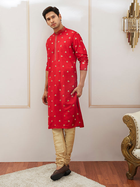 Men's Red Viscose Kurta
